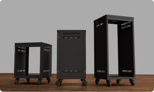Three open Strong contractor racks in different sizes